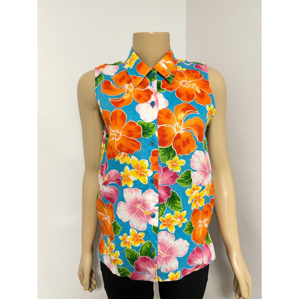 VTG Jones New York Sport 6 Blue Linen Tropical Hibiscus Floral Sleeveless Top